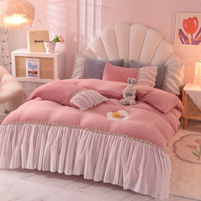 91家纺网 家纺一手货源 找家纺 艾米家居 2022秋冬新款牛奶绒花边四件套爱莎系列 豆沙