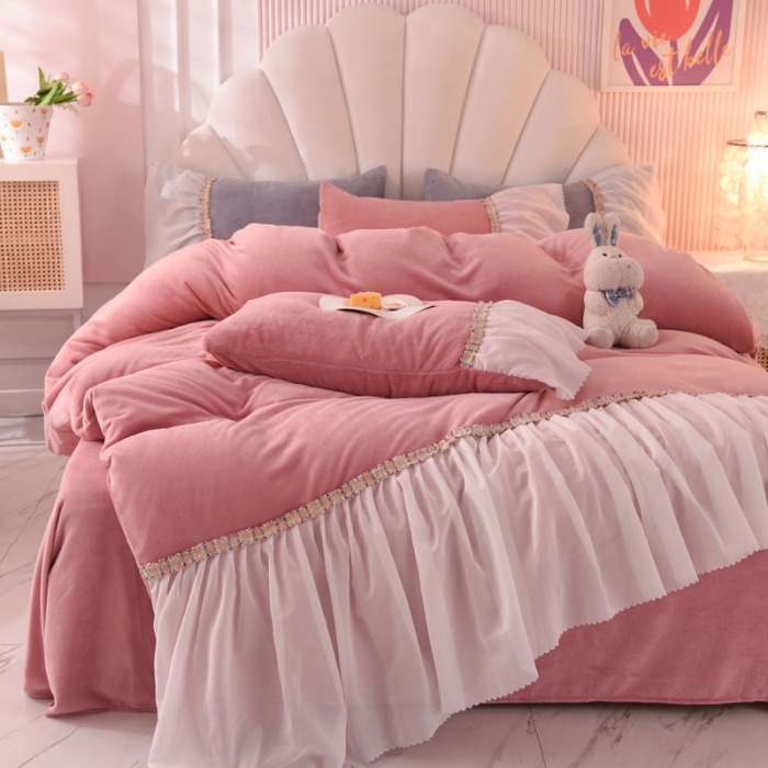 91家纺网 家纺一手货源 找家纺 艾米家居 2022秋冬新款牛奶绒花边四件套爱莎系列 豆沙