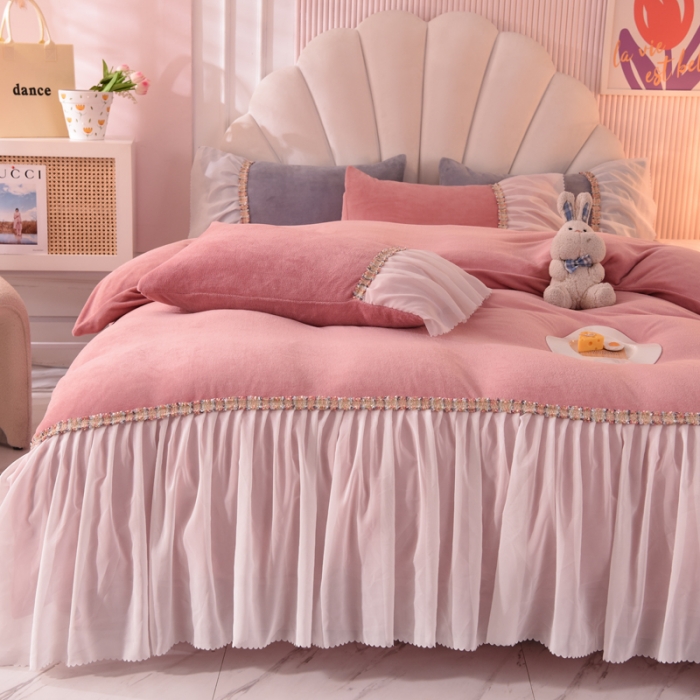 91家纺网 家纺一手货源 找家纺 艾米家居 2022秋冬新款牛奶绒花边四件套爱莎系列 豆沙