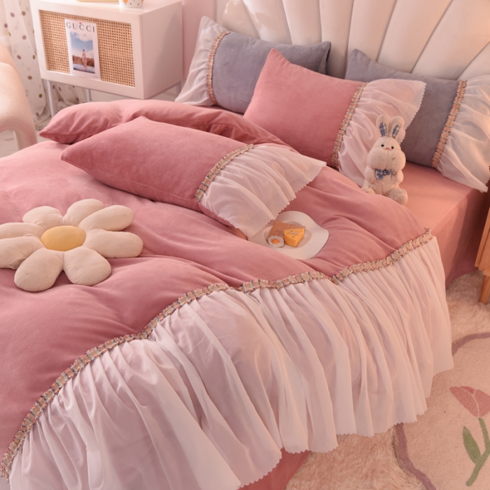 91家纺网 家纺一手货源 找家纺 艾米家居 2022秋冬新款牛奶绒花边四件套爱莎系列 豆沙