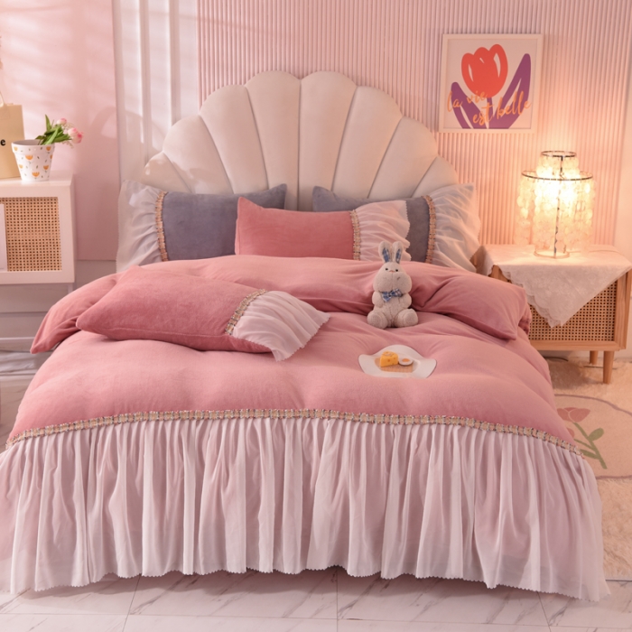 91家纺网 家纺一手货源 找家纺 艾米家居 2022秋冬新款牛奶绒花边四件套爱莎系列 豆沙