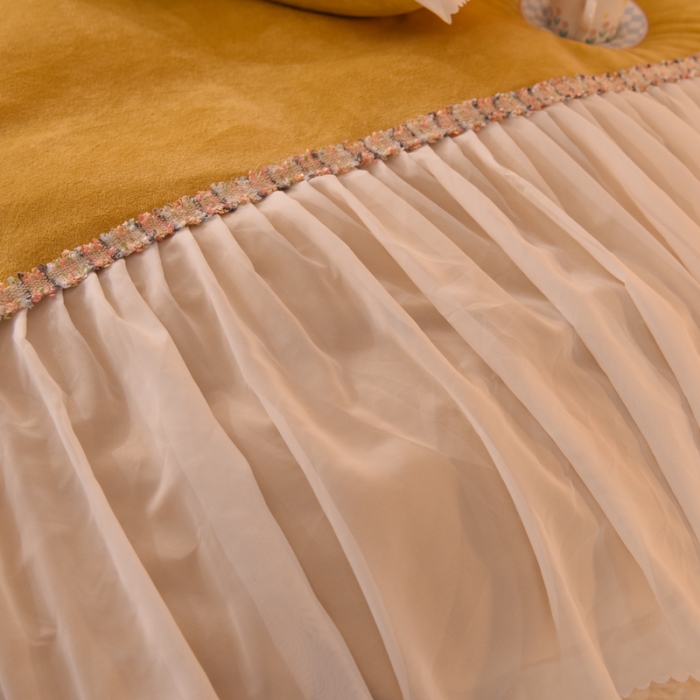 91家纺网 家纺一手货源 找家纺 艾米家居 2022秋冬新款牛奶绒花边四件套爱莎系列 黄色