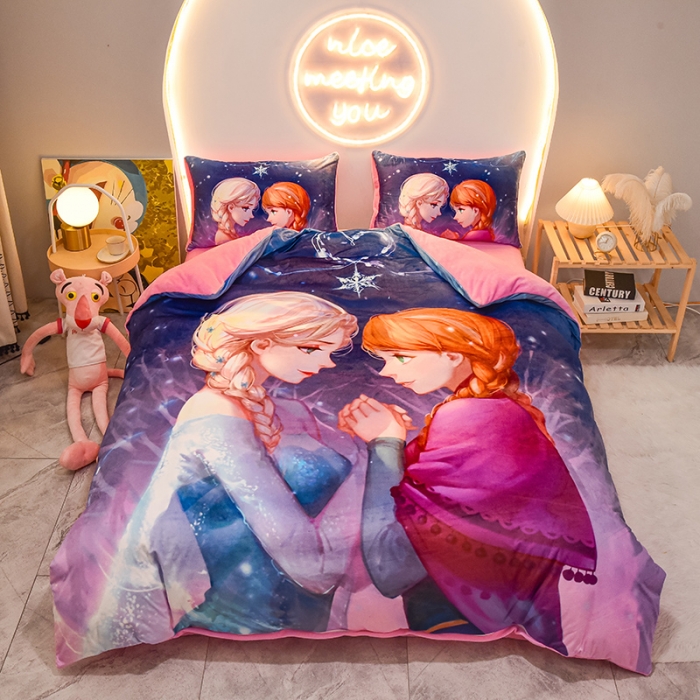 91家纺网 家纺一手货源 找家纺 ds生活馆2022新款大版卡通水晶牛奶单被套三四件套冰雪姐妹