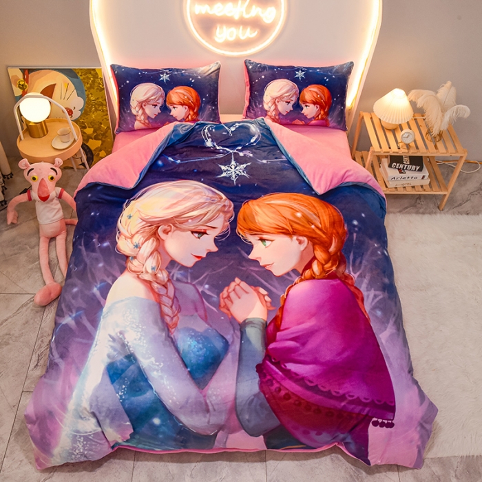 91家纺网 家纺一手货源 找家纺 ds生活馆2022新款大版卡通水晶牛奶单被套三四件套冰雪姐妹