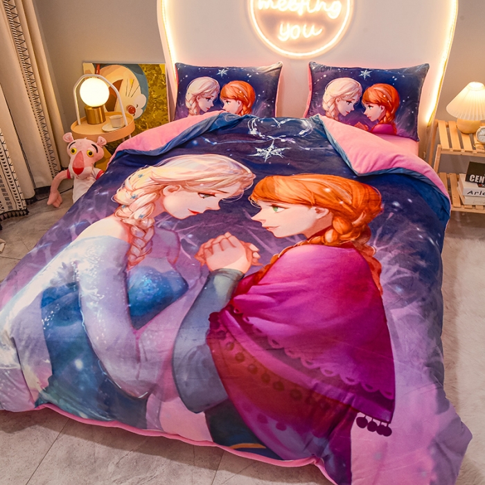 91家纺网 家纺一手货源 找家纺 ds生活馆2022新款大版卡通水晶牛奶单被套三四件套冰雪姐妹