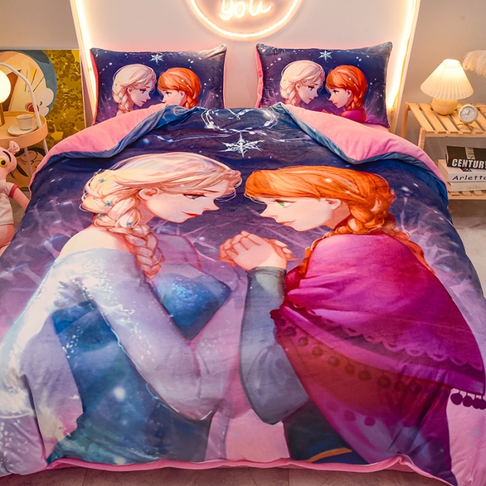 91家纺网 家纺一手货源 找家纺 ds生活馆2022新款大版卡通水晶牛奶单被套三四件套冰雪姐妹