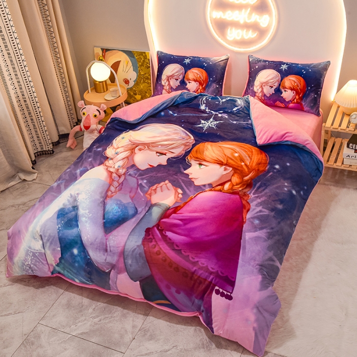 91家纺网 家纺一手货源 找家纺 ds生活馆2022新款大版卡通水晶牛奶单被套三四件套冰雪姐妹