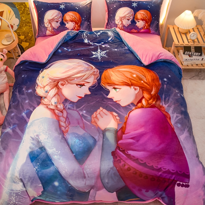 91家纺网 家纺一手货源 找家纺 ds生活馆2022新款大版卡通水晶牛奶单被套三四件套冰雪姐妹