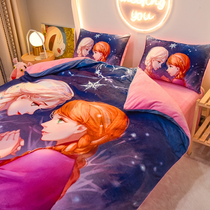 91家纺网 家纺一手货源 找家纺 ds生活馆2022新款大版卡通水晶牛奶单被套三四件套冰雪姐妹