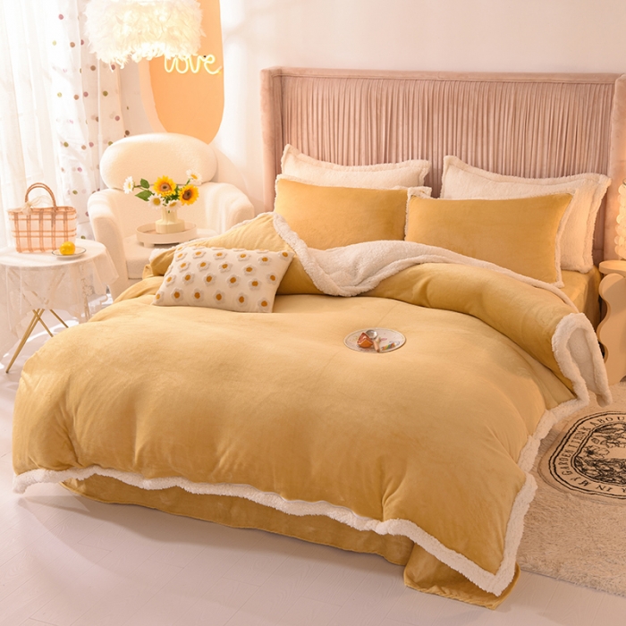 91家纺网 家纺一手货源 找家纺 艾米家居  2022秋冬新款羊羔绒拼牛奶绒系列 黄