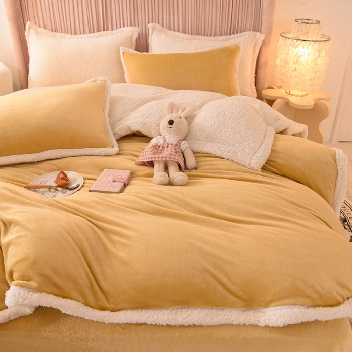 91家纺网 家纺一手货源 找家纺 艾米家居  2022秋冬新款羊羔绒拼牛奶绒系列 黄