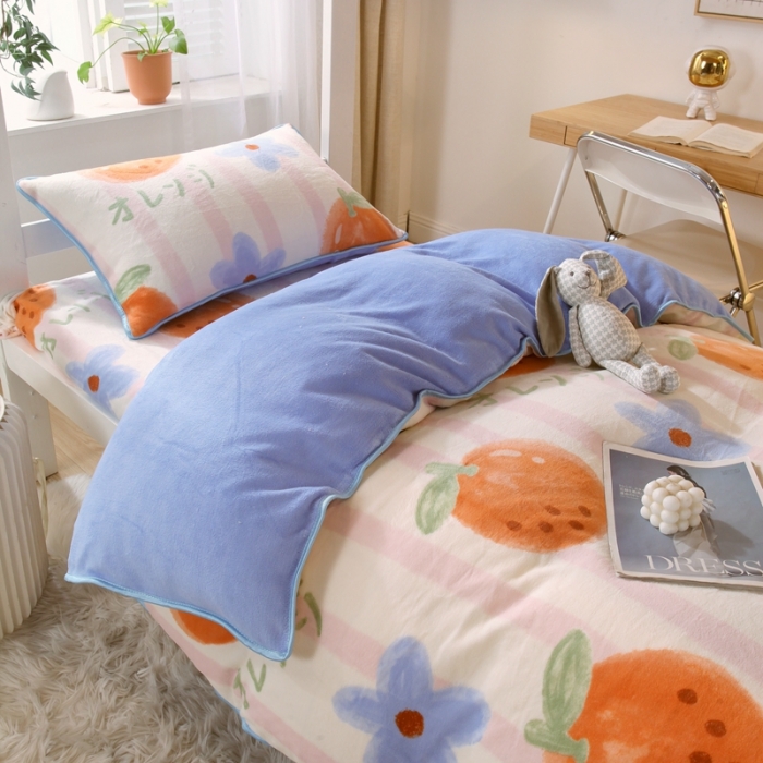 91家纺网 家纺一手货源 找家纺 金鑫汇 2022新款牛奶绒学生上下铺三件套 甜橙-粉