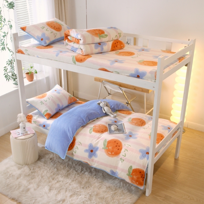 91家纺网 家纺一手货源 找家纺 金鑫汇 2022新款牛奶绒学生上下铺三件套 甜橙-粉