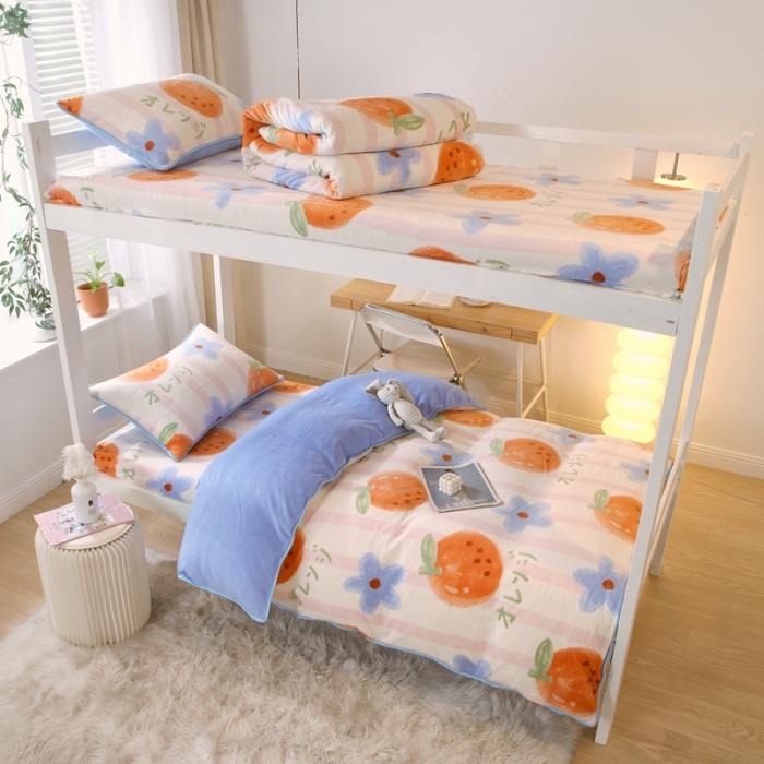 91家纺网 家纺一手货源 找家纺 金鑫汇 2022新款牛奶绒学生上下铺三件套 甜橙-粉