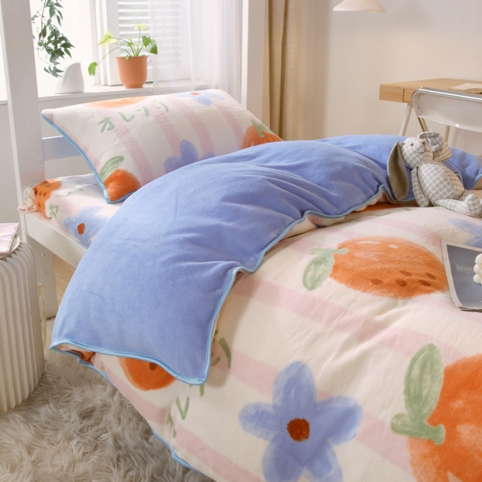 91家纺网 家纺一手货源 找家纺 金鑫汇 2022新款牛奶绒学生上下铺三件套 甜橙-粉