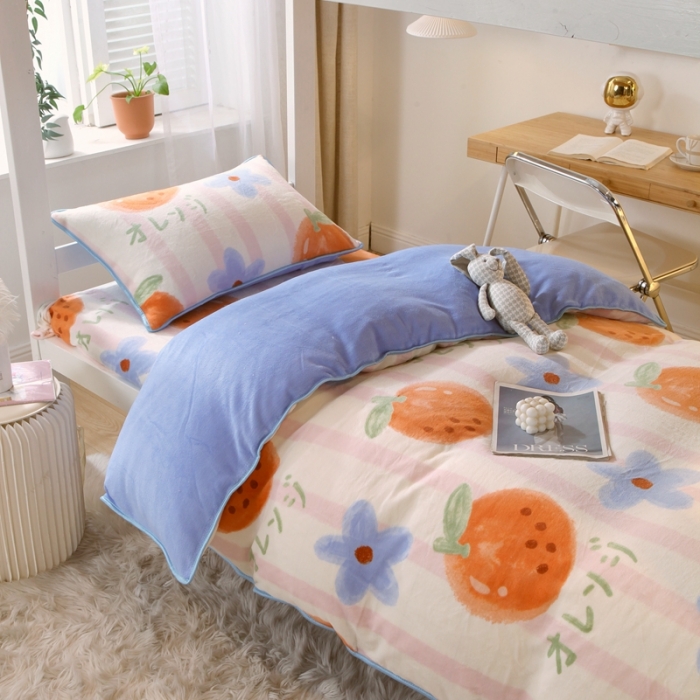 91家纺网 家纺一手货源 找家纺 金鑫汇 2022新款牛奶绒学生上下铺三件套 甜橙-粉