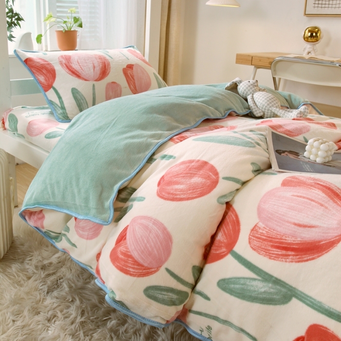 91家纺网 家纺一手货源 找家纺 金鑫汇 2022新款牛奶绒学生上下铺三件套 郁金香-粉