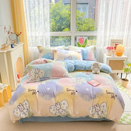 91家纺网 家纺一手货源 找家纺 （总）暮思 2022新款ins小清新加厚牛奶绒四件套