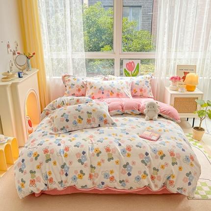 91家纺网 家纺一手货源 找家纺 （总）暮思 2022新款ins小清新加厚牛奶绒四件套