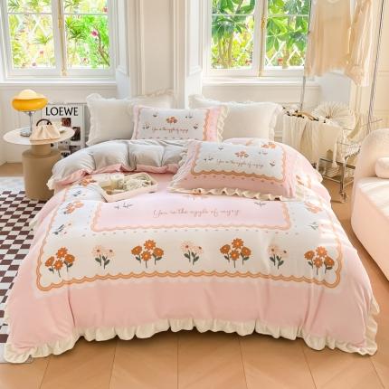 91家纺网 家纺一手货源 找家纺 懒猫 2022新款大版牛奶绒花边款四件套 伊人