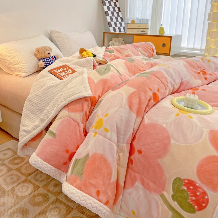 91家纺网 家纺一手货源 找家纺 慕尚 2022爆款牛奶绒贝贝绒夹棉3层加厚毛毯 加厚毯-花蕾