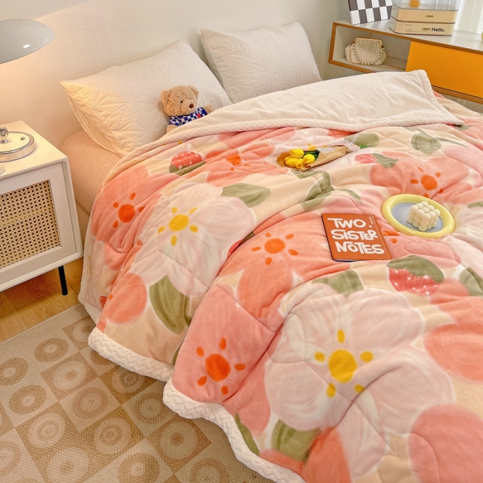 91家纺网 家纺一手货源 找家纺 慕尚 2022爆款牛奶绒贝贝绒夹棉3层加厚毛毯 加厚毯-花蕾