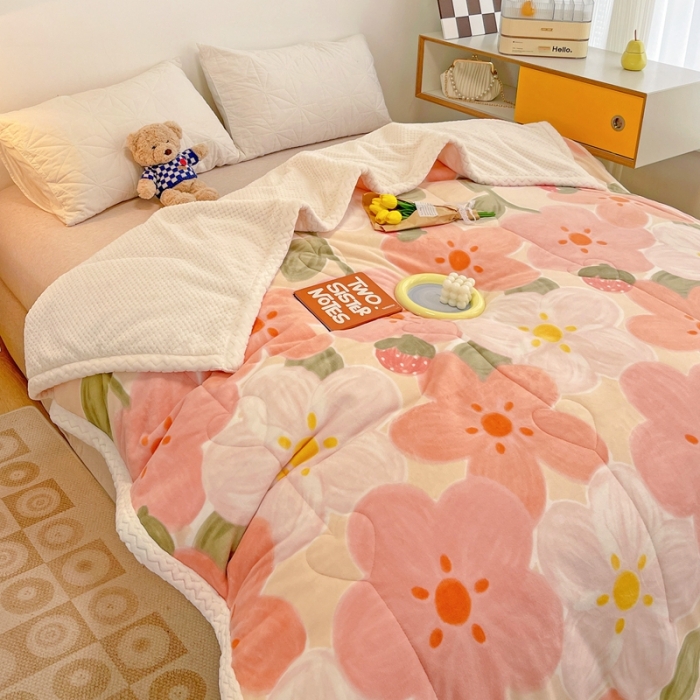 91家纺网 家纺一手货源 找家纺 慕尚 2022爆款牛奶绒贝贝绒夹棉3层加厚毛毯 加厚毯-花蕾