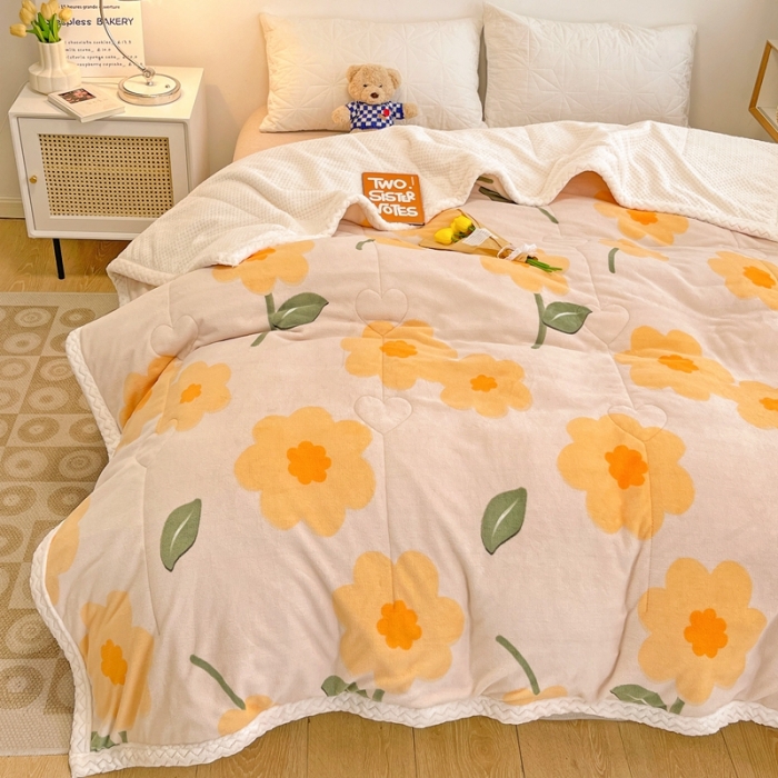 91家纺网 家纺一手货源 找家纺 慕尚 2022爆款牛奶绒贝贝绒夹棉3层加厚毛毯 加厚毯-小黄花