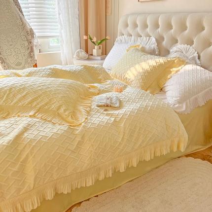 91家纺网 家纺一手货源 找家纺 （总）惯盈新款高克重水晶绒宝宝绒四件套压泡荷叶边四件套泡泡格系列