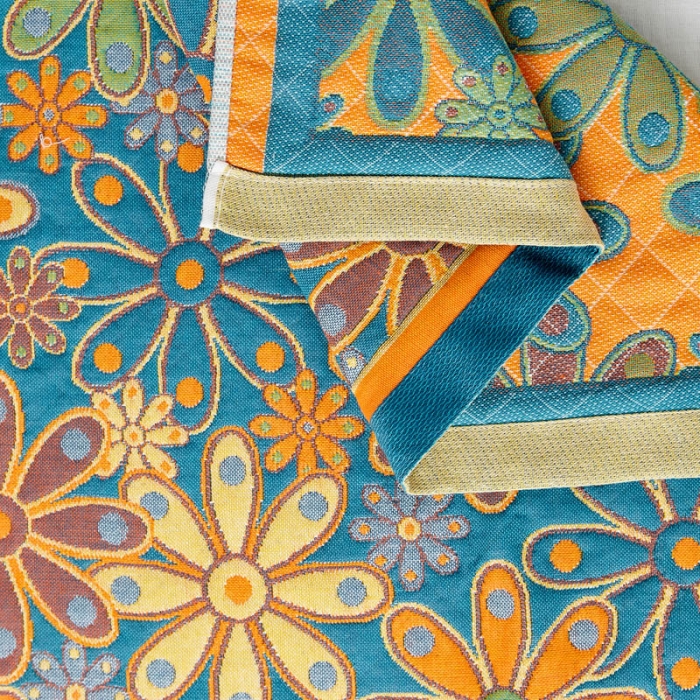 91家纺网 家纺一手货源 找家纺 朴尔 新款全棉四层纱布色织提花宽边枕巾系列繁花似锦-蓝一对装