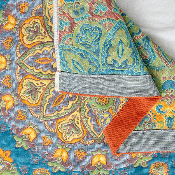 91家纺网 家纺一手货源 找家纺 朴尔 新款全棉四层纱布色织提花宽边枕巾系列复古花园-蓝一对装