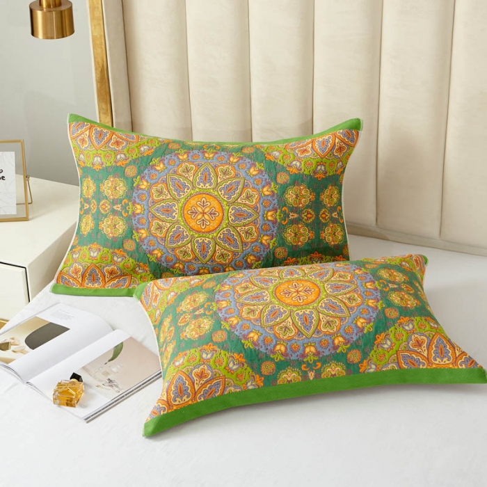 91家纺网 家纺一手货源 找家纺 朴尔 新款全棉四层纱布色织提花宽边枕巾系列复古花园-绿一对装