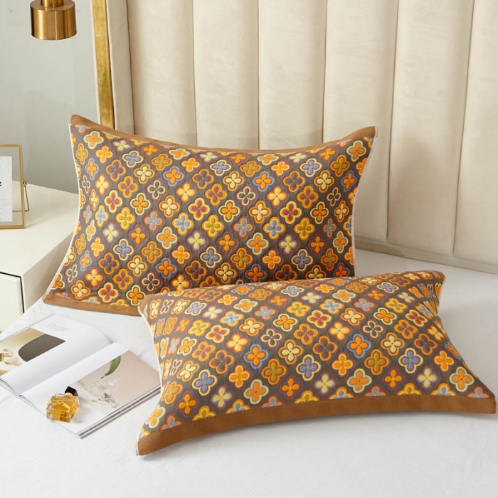 91家纺网 家纺一手货源 找家纺 朴尔 新款全棉四层纱布色织提花宽边枕巾系列 四叶心-黄一对装