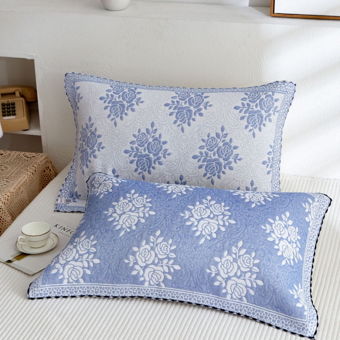 91家纺网 家纺一手货源 找家纺 朴尔 2022新款AB版蜂窝提花锁边立体枕巾 一对装 手捧蔷薇-蓝