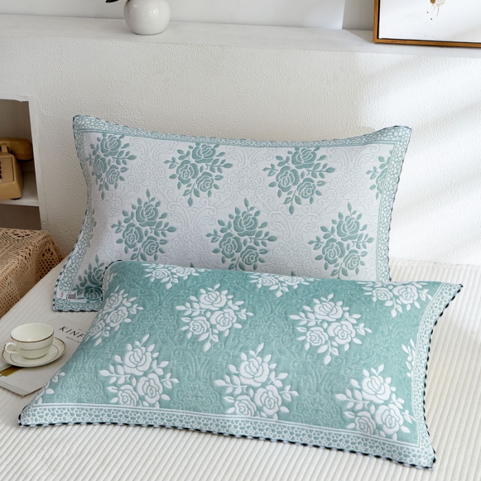 91家纺网 家纺一手货源 找家纺 朴尔 2022新款AB版蜂窝提花锁边立体枕巾 一对装 手捧蔷薇-绿