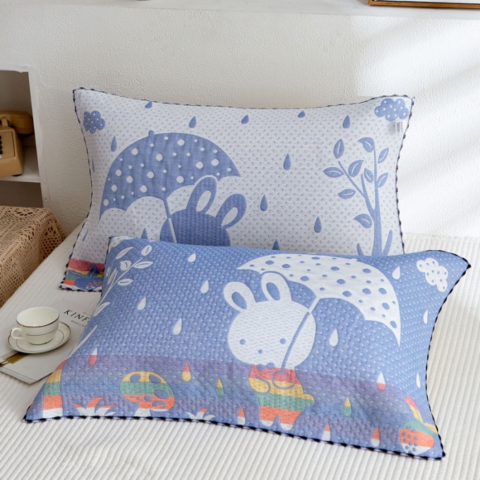 91家纺网 家纺一手货源 找家纺 朴尔 2022新款AB版蜂窝提花锁边立体枕巾 一对装 雨中兔-蓝