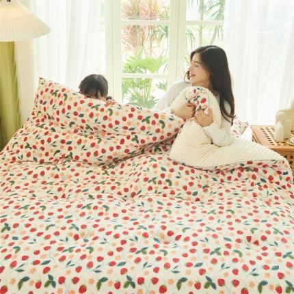 91家纺网 家纺一手货源 找家纺 晨曦 2022新款法式田园奶油绒豆豆绒大豆棉冬被 乔野椿莓