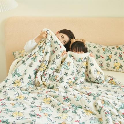 91家纺网 家纺一手货源 找家纺 晨曦家纺 2022新款法式田园风牛奶绒羊羔绒被套毯 兔子的棉花糖