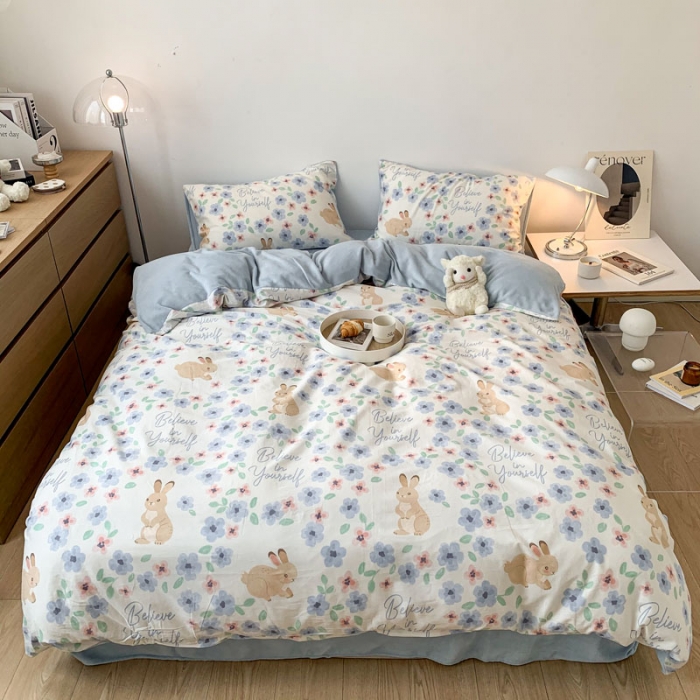 91家纺网 家纺一手货源 找家纺 梦家居 2022新款秋冬新品全棉加牛奶绒四件套 蓝菲兔绒