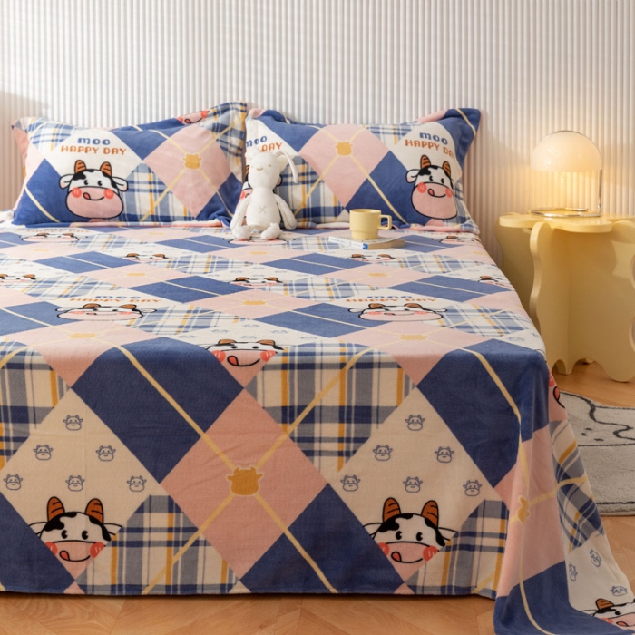 91家纺网 家纺一手货源 找家纺 梦家居 2022新款秋冬新款牛奶绒单床单 格子奶牛