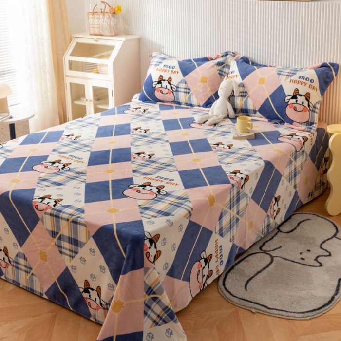 91家纺网 家纺一手货源 找家纺 梦家居 2022新款秋冬新款牛奶绒单床单 格子奶牛