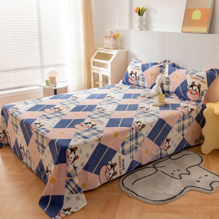 91家纺网 家纺一手货源 找家纺 梦家居 2022新款秋冬新款牛奶绒单床单 格子奶牛