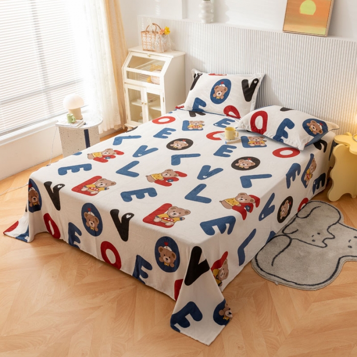 91家纺网 家纺一手货源 找家纺 梦家居 2022新款秋冬新款牛奶绒单床单 字母小熊