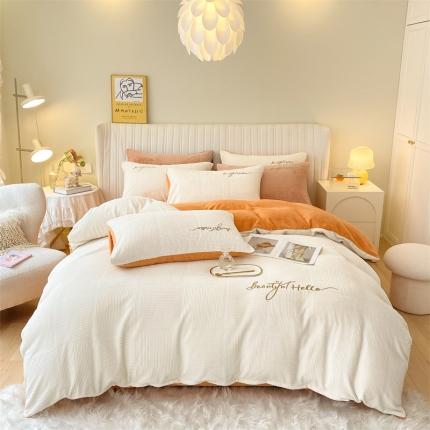 91家纺网 家纺一手货源 找家纺 （总）慕色 2022新款牛奶绒刺绣撞色四件套