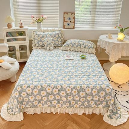 安哆啦 2022新款牛奶绒花边夹棉床盖 床盖-淡蓝花海