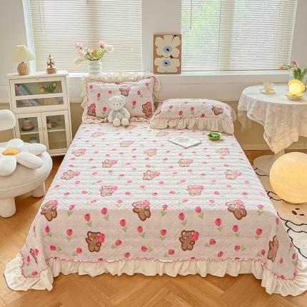 安哆啦 2022新款牛奶绒花边夹棉床盖 床盖-花朵熊熊