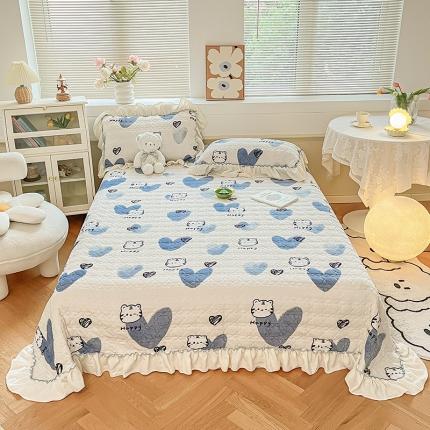 安哆啦 2022新款牛奶绒花边夹棉床盖 床盖-蓝色爱心虎