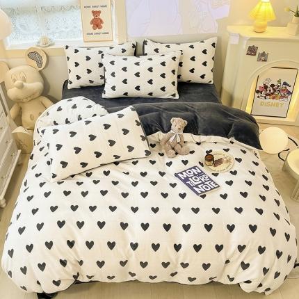 91家纺网 家纺一手货源 找家纺 桃子 2022新款ins爱心轻奢复古加厚牛奶绒系列四件套 绒-爱心深灰