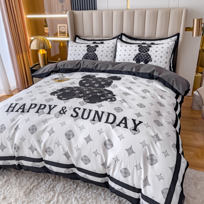 91家纺网 家纺一手货源 找家纺 娜娜 2022新款大版大牌风亲肤棉工艺款四件套 熊仔白