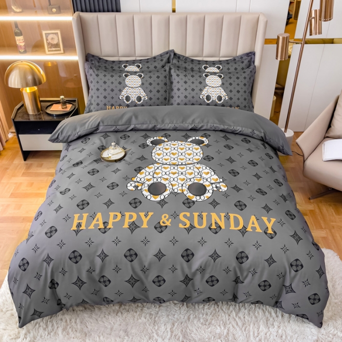 91家纺网 家纺一手货源 找家纺 娜娜 2022新款大版大牌风亲肤棉工艺款四件套 熊仔灰